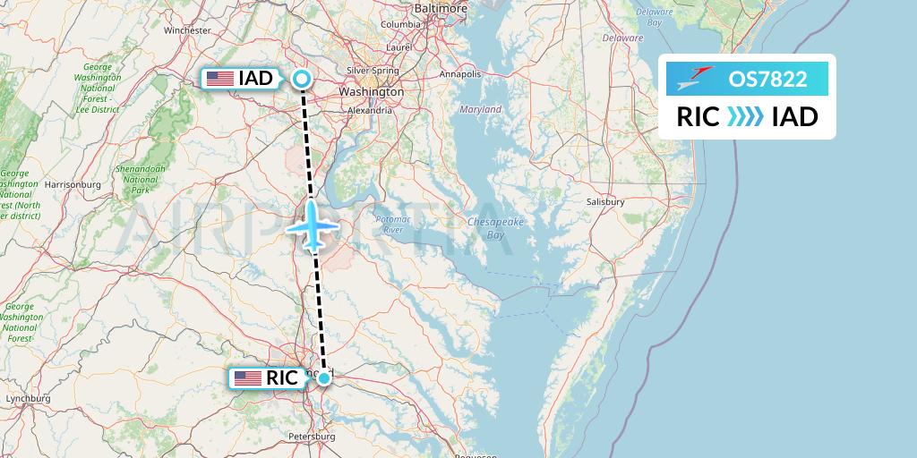 OS7822 Austrian Airlines Flight Map: Richmond to Washington