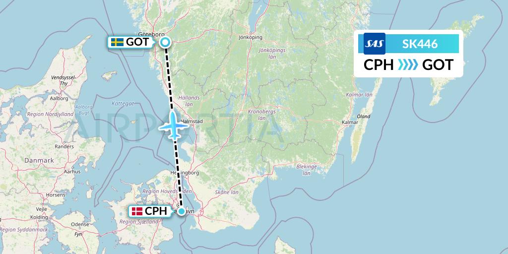 SK446 SAS Flight Map: Copenhagen to Gothenburg