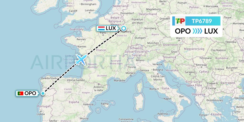 TP6789 TAP Portugal Flight Map: Porto to Luxembourg