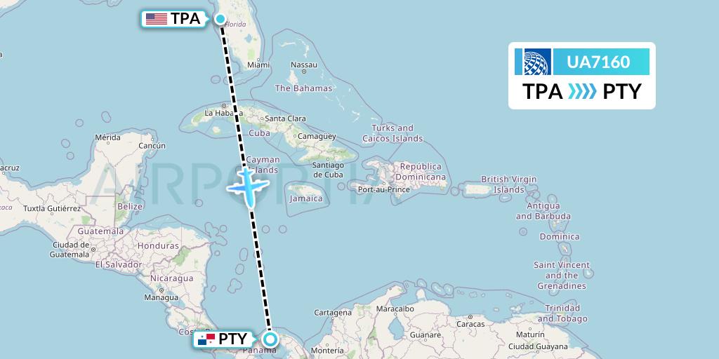 UA7160 United Airlines Flight Map: Tampa to Panama City