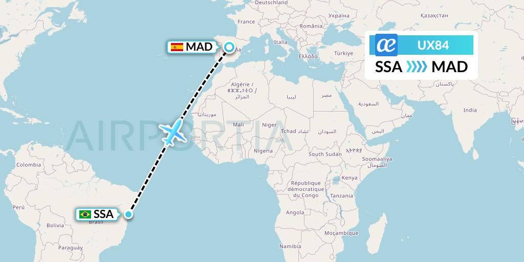 UX84 Air Europa Flight Map: Salvador to Madrid