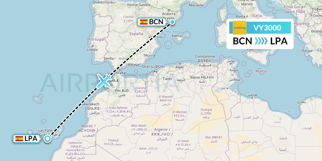 VY3000 Vueling Flight Map: Barcelona to Las Palmas