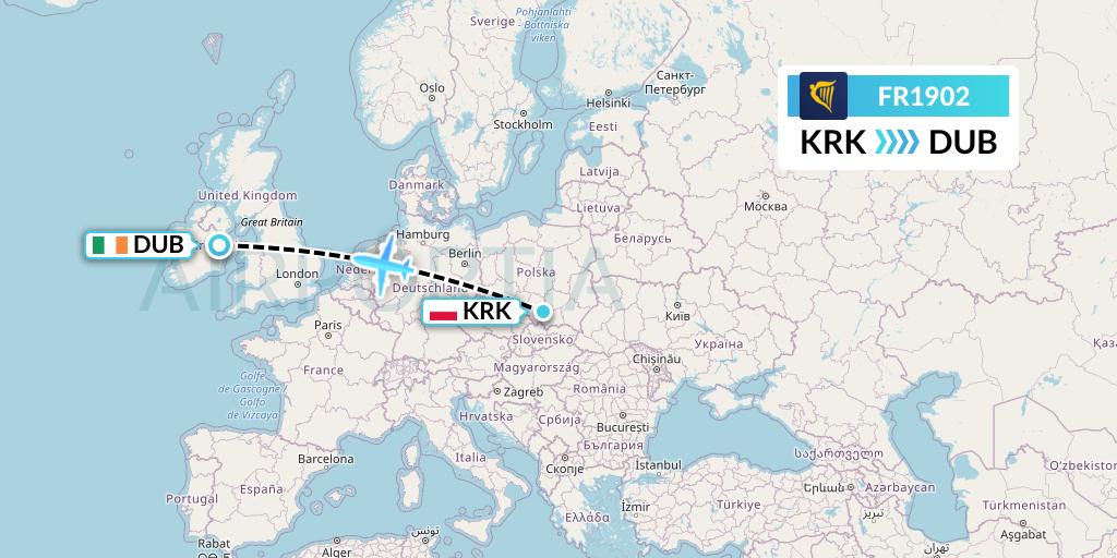 FR1902 Ryanair Flight Map: Krakow to Dublin