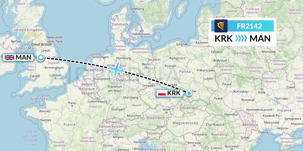 FR2142 Ryanair Flight Map: Krakow to Manchester
