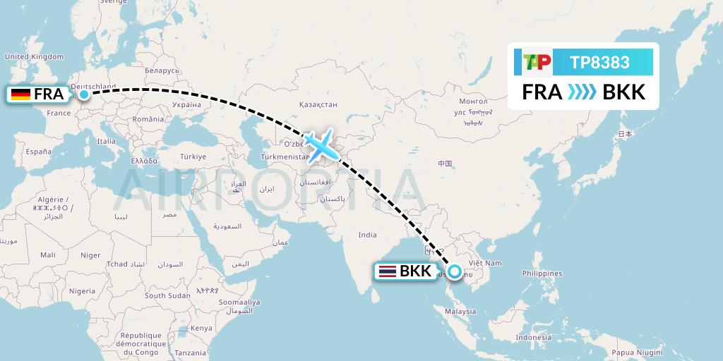 TP8383 TAP Portugal Flight Map: Frankfurt to Bangkok