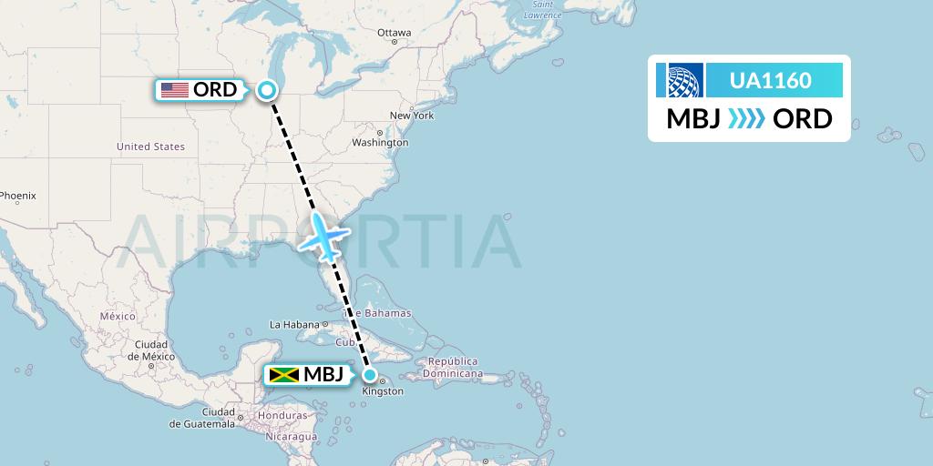 UA1160 United Airlines Flight Map: Montego Bay to Chicago