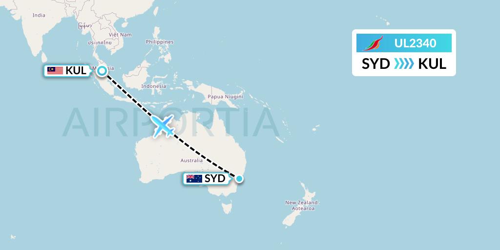 UL2340 SriLankan Airlines Flight Map: Sydney to Kuala Lumpur