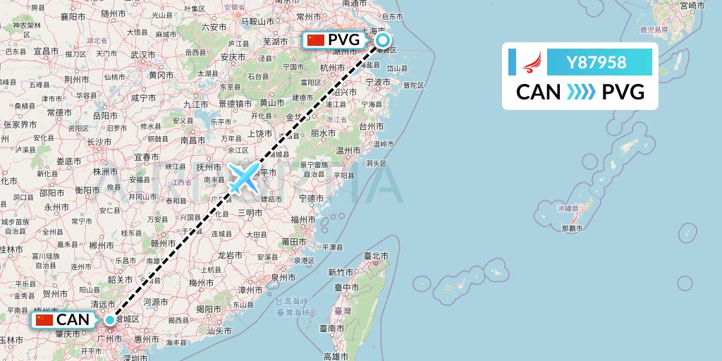 Y87958 Yangtze River Express Flight Map: Guangzhou to Shanghai