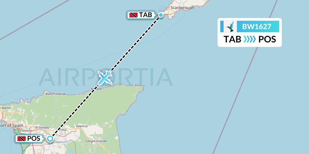 BW1627 Caribbean Airlines Flight Map: Scarborough to Port of Spain
