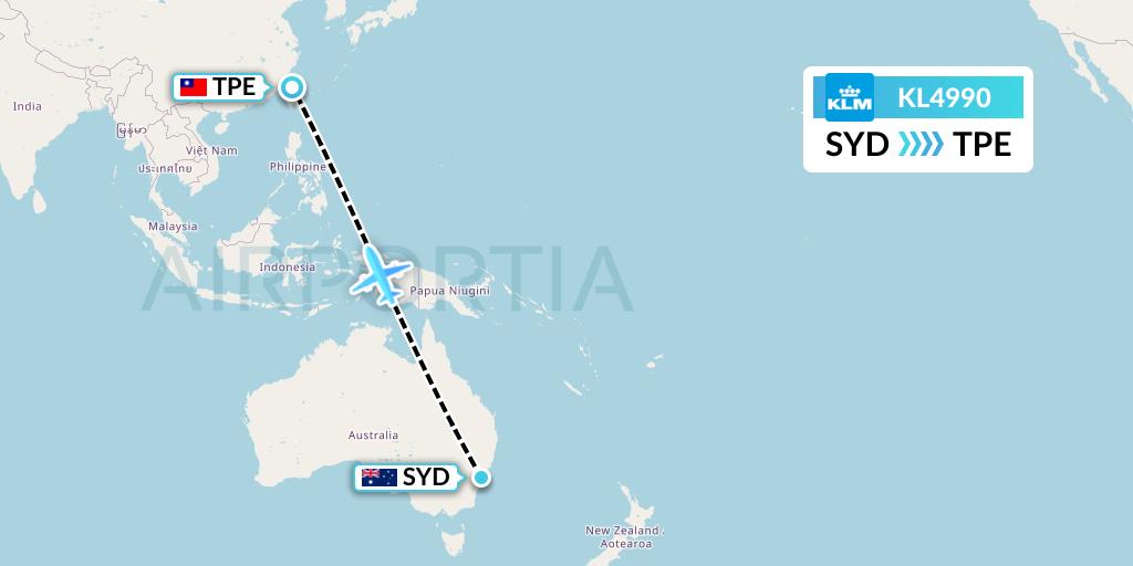 KL4990 KLM Flight Map: Sydney to Taipei