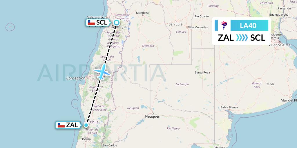 LA40 LAN Airlines Flight Map: Valdivia to Santiago