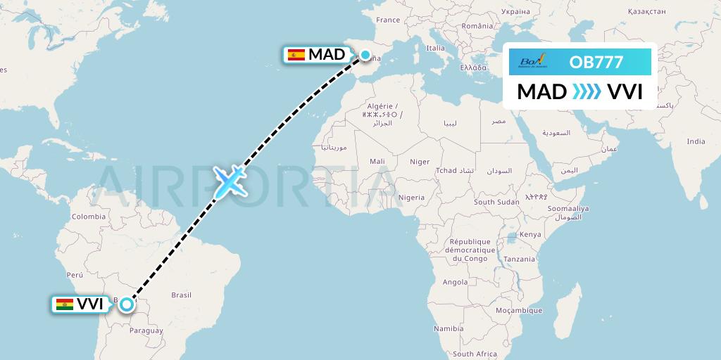 OB777 Boliviana de Aviacion Flight Map: Madrid to Santa Cruz