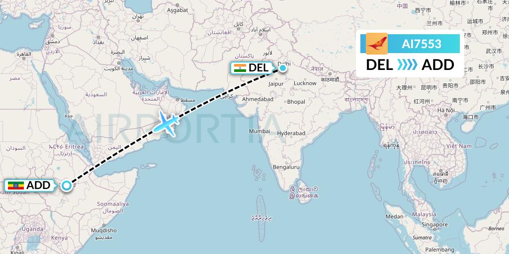 AI7553 Air India Flight Map: Delhi to Addis Ababa
