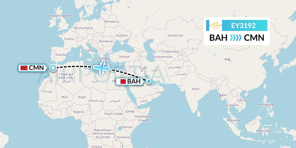 EY3192 Etihad Airways Flight Map: Bahrain to Casablanca
