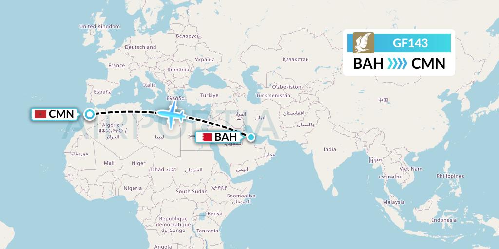 GF143 Gulf Air Flight Map: Bahrain to Casablanca