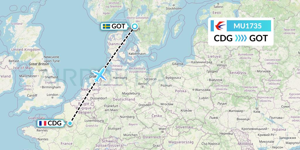 MU1735 China Eastern Airlines Flight Map: Paris to Gothenburg