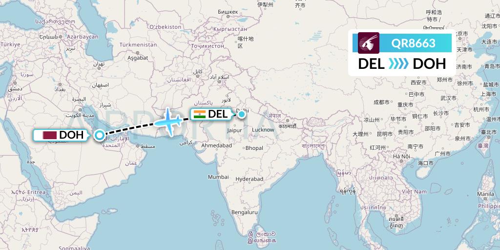 QR8663 Qatar Airways Flight Map: Delhi to Doha