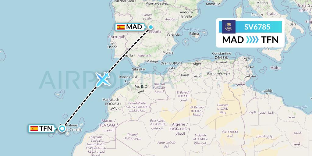SV6785 Saudi Arabian Airlines Flight Map: Madrid to Tenerife