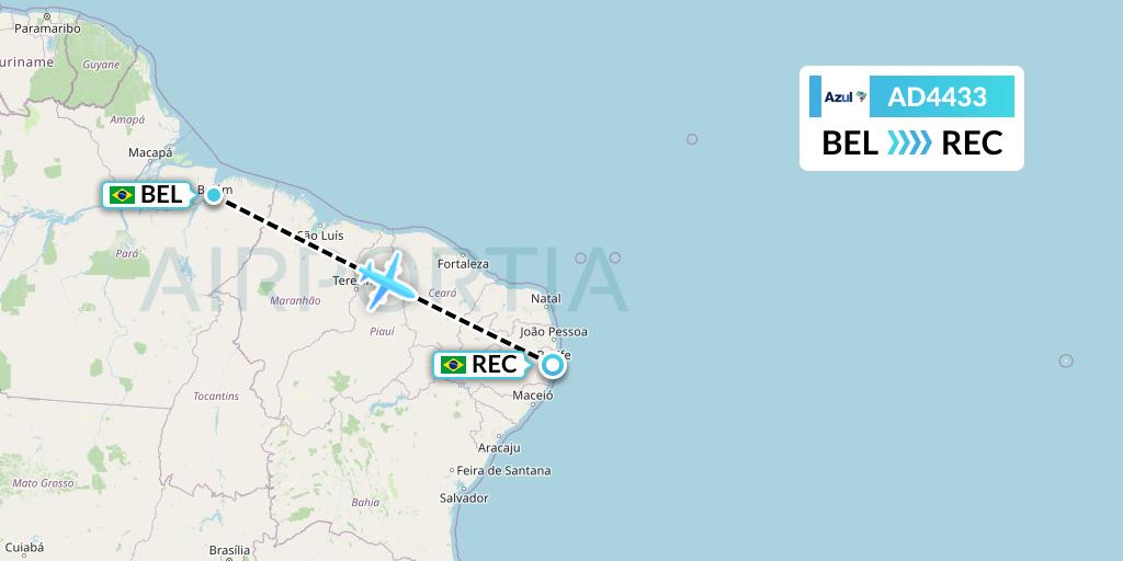 AD4433 Azul Brazilian Airlines Flight Map: Belem to Recife