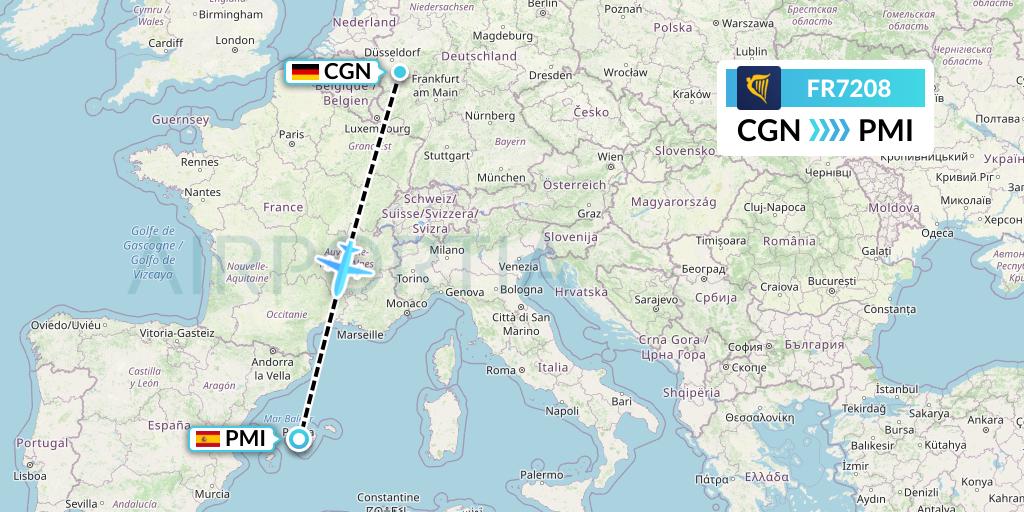 FR7208 Ryanair Flight Map: Cologne to Palma de Mallorca
