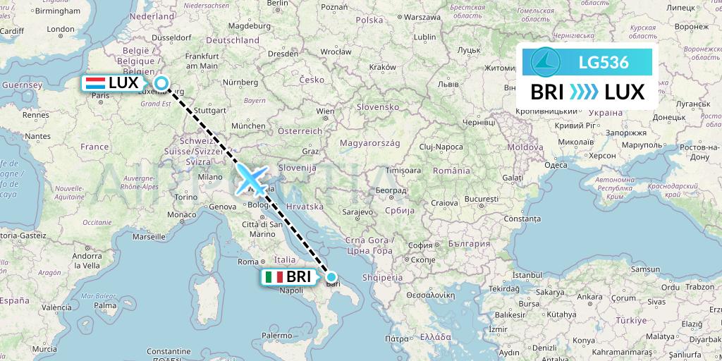 LG536 Luxair Flight Map: Bari to Luxembourg