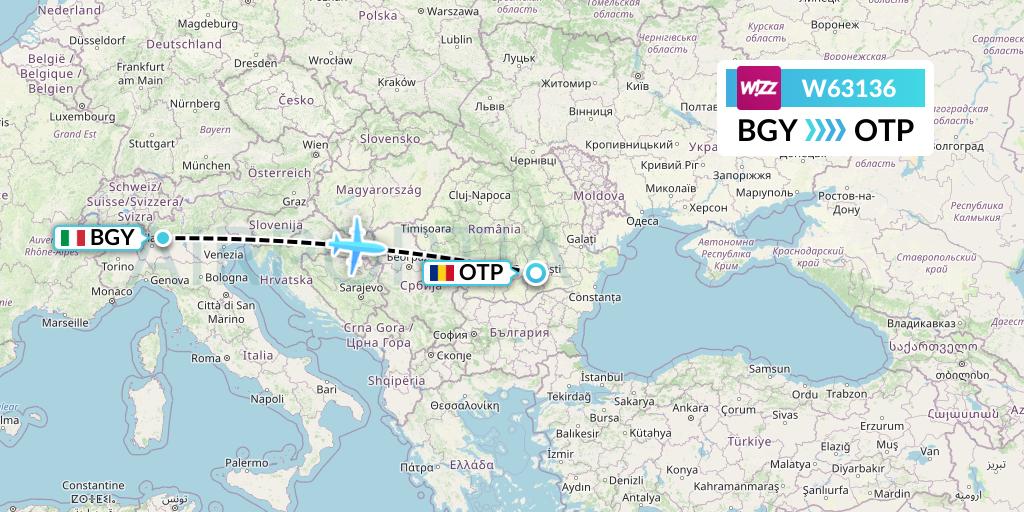 W63136 Wizz Air Flight Map: Milan to Bucharest