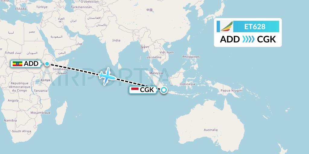 ET628 Ethiopian Airlines Flight Map: Addis Ababa to Jakarta