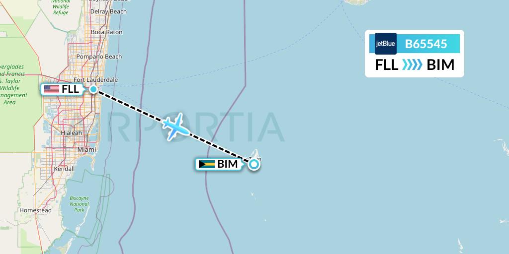 B65545 JetBlue Airways Flight Map: Fort Lauderdale to South Bimini