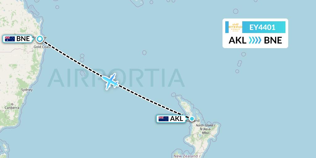 EY4401 Etihad Airways Flight Map: Auckland to Brisbane