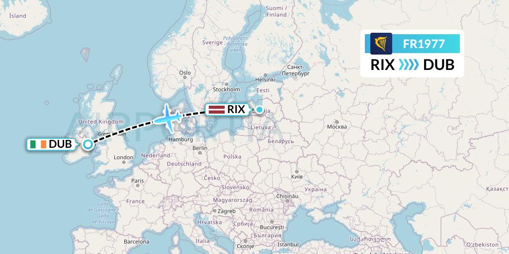 FR1977 Ryanair Flight Map: Riga to Dublin