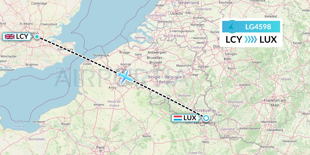 LG4598 Luxair Flight Map: London to Luxembourg