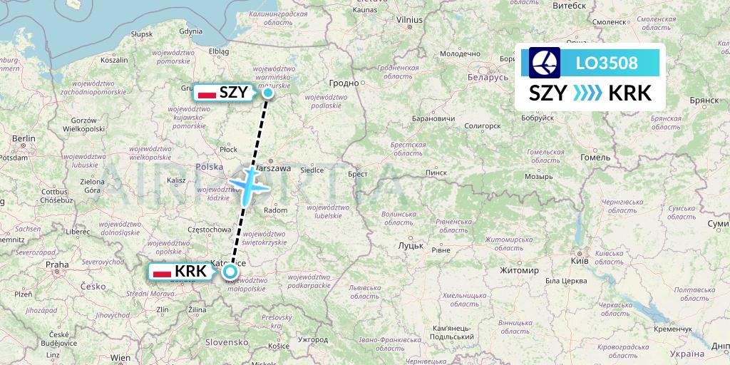 LO3508 LOT Flight Map: Olsztyn to Krakow