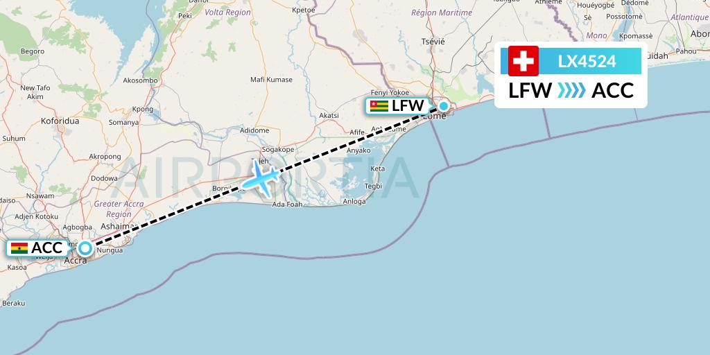 LX4524 Swiss Flight Map: Lome to Accra