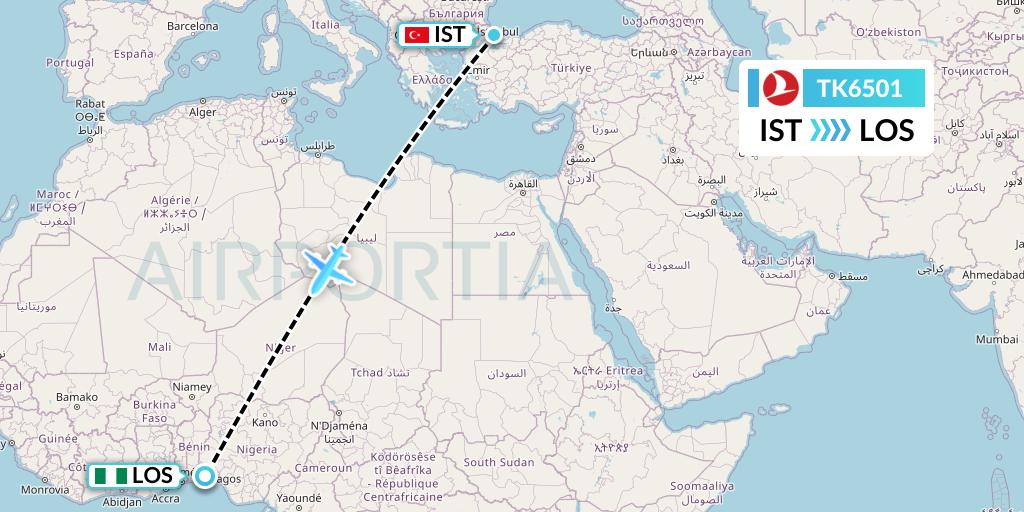 TK6501 Turkish Airlines Flight Map: Istanbul to Lagos