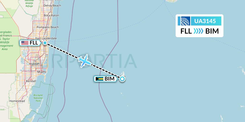 UA3145 United Airlines Flight Map: Fort Lauderdale to South Bimini