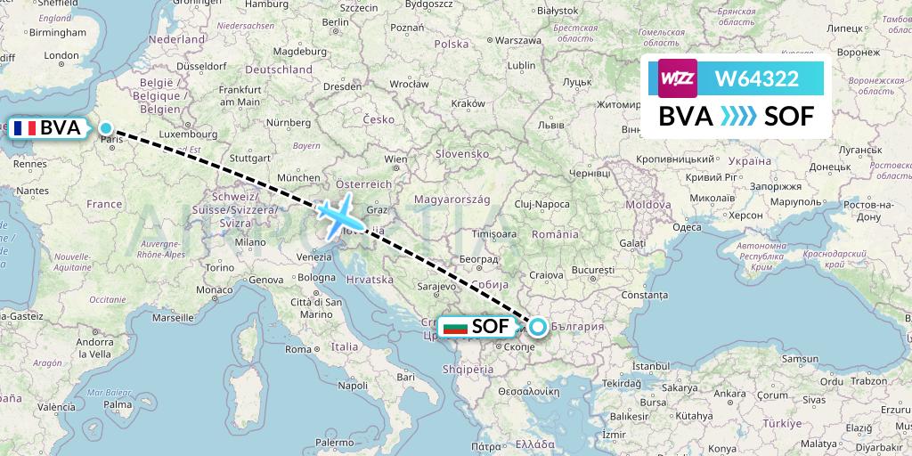 W64322 Wizz Air Flight Map: Paris to Sofia