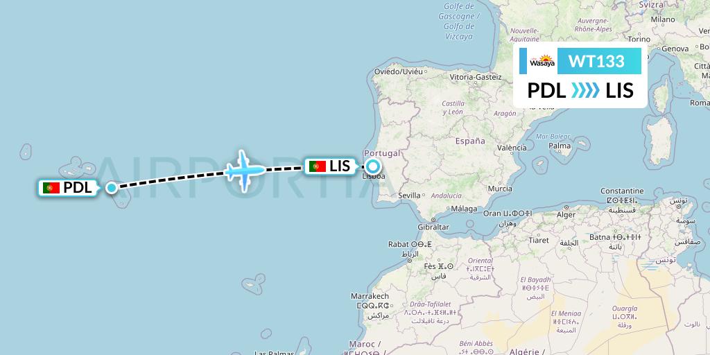 WT133 Swiftair Flight Map: Ponta Delgada to Lisbon