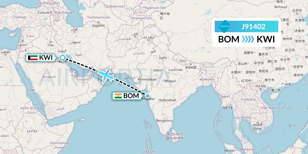 J91402 Jazeera Airways Flight Map: Mumbai to Kuwait City