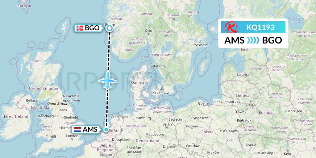 KQ1193 Kenya Airways Flight Map: Amsterdam to Bergen