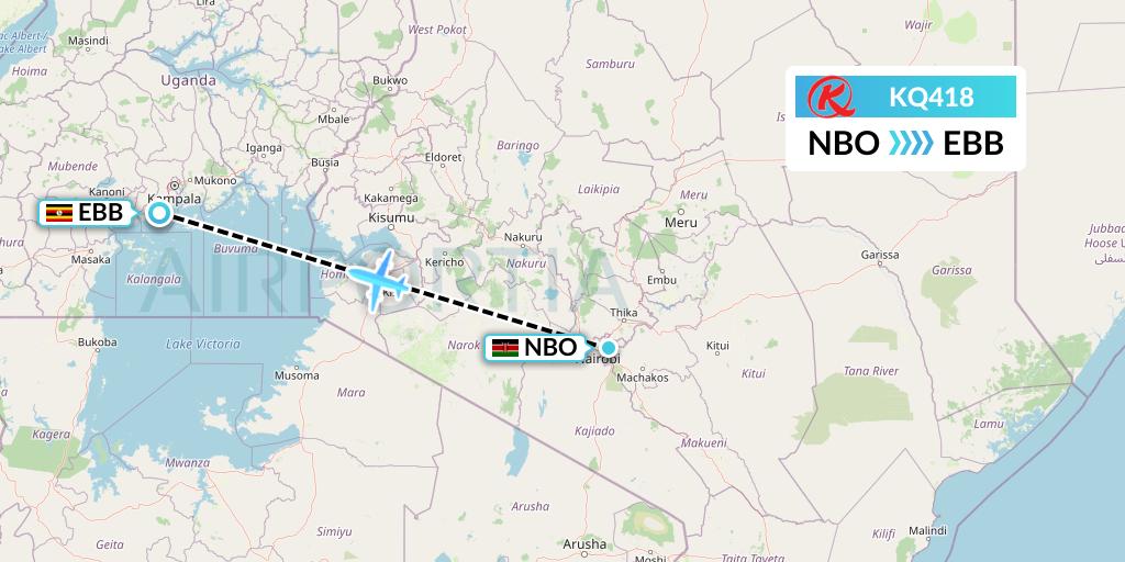 KQ418 Kenya Airways Flight Map: Nairobi to Entebbe