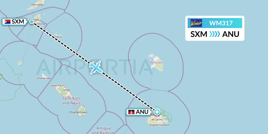 WM317 Winair Flight Map: Sint Maarten to Antigua