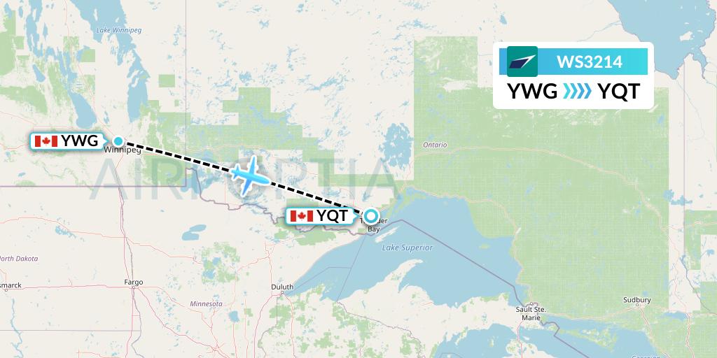 WS3214 WestJet Flight Map: Winnipeg to Thunder Bay