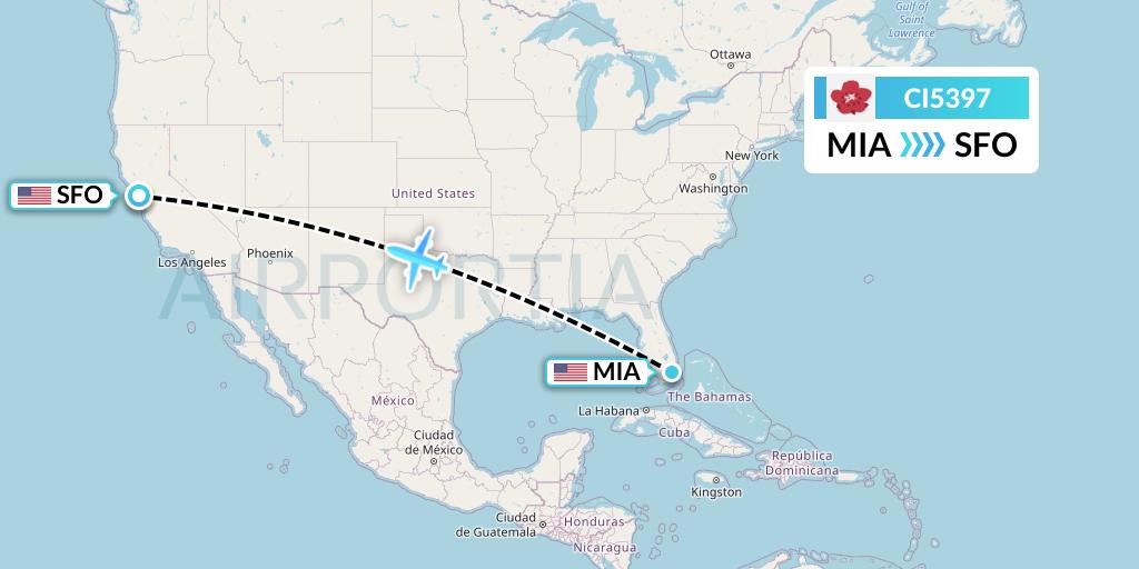 CI5397 China Airlines Flight Map: Miami to San Francisco