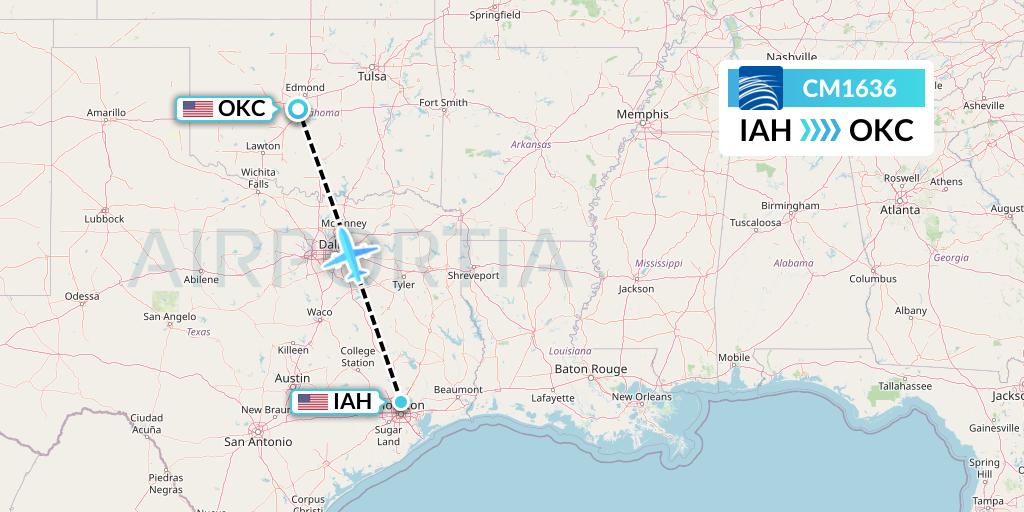 CM1636 Copa Airlines Flight Map: Houston to Oklahoma City