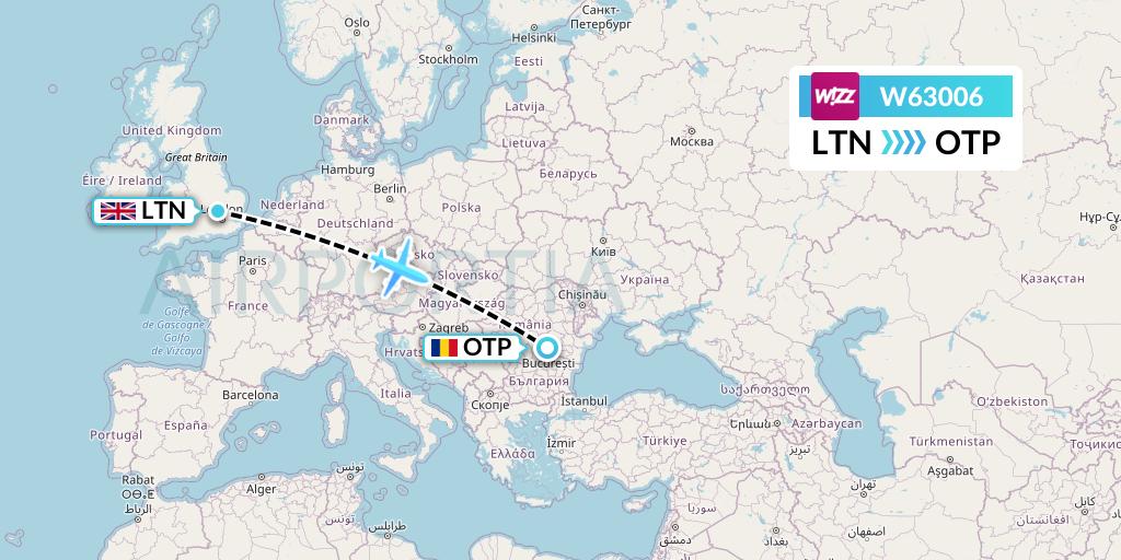 W63006 Wizz Air Flight Map: London to Bucharest
