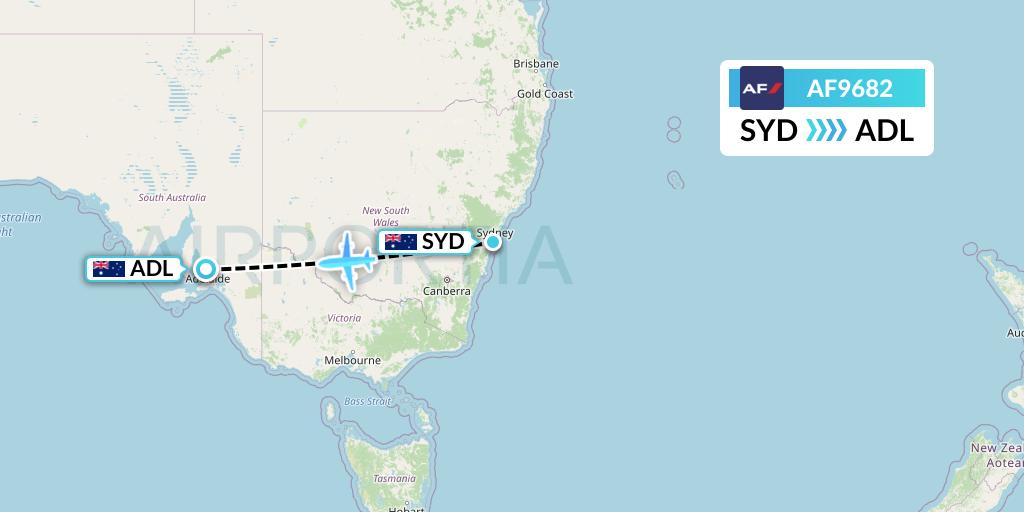 AF9682 Air France Flight Map: Sydney to Adelaide