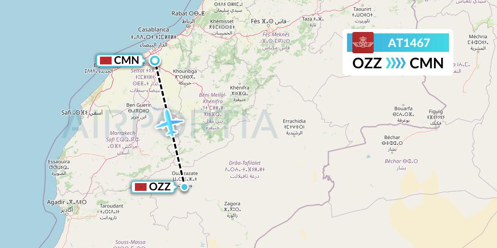 AT1467 Royal Air Maroc Flight Map: Ouarzazate to Casablanca