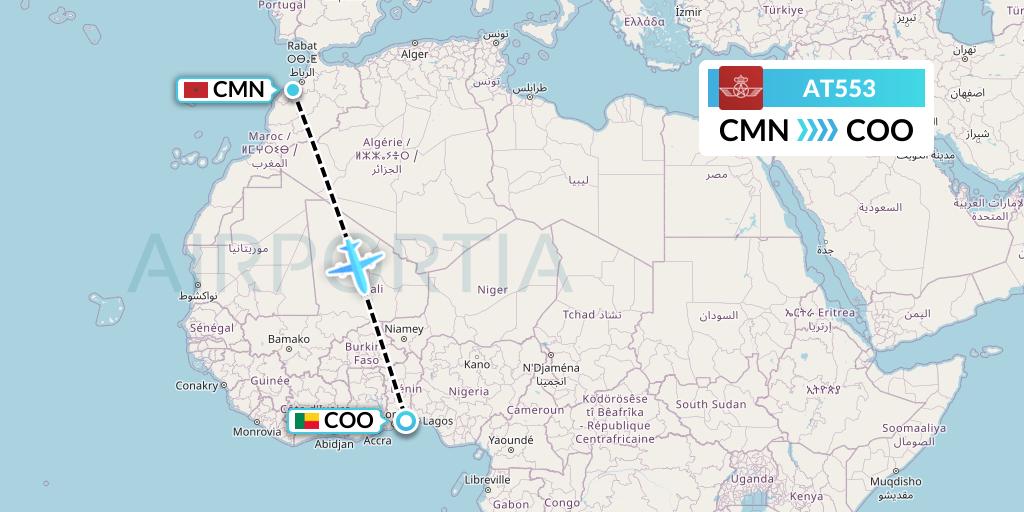 AT553 Royal Air Maroc Flight Map: Casablanca to Cotonou