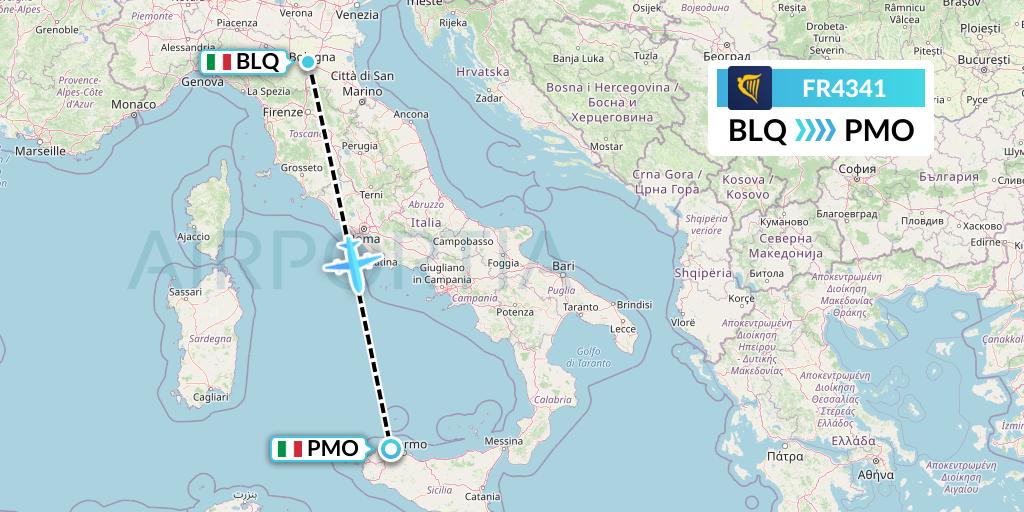 FR4341 Ryanair Flight Map: Bologna to Palermo