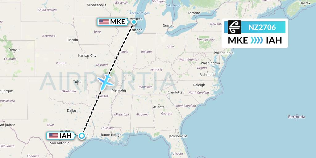 NZ2706 Air New Zealand Flight Map: Milwaukee to Houston
